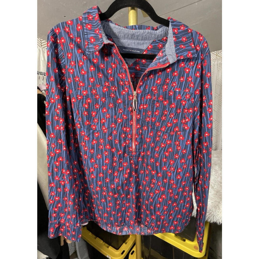 Tommy Hilfiger 1/2 Zip Women's Blue Red Floral Print Long Slv Top 100% Cotton L